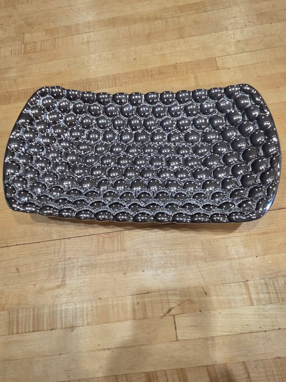 Modern Metallic Hematite Bubble Textured Ceramic Oblong Platter 14 Inch